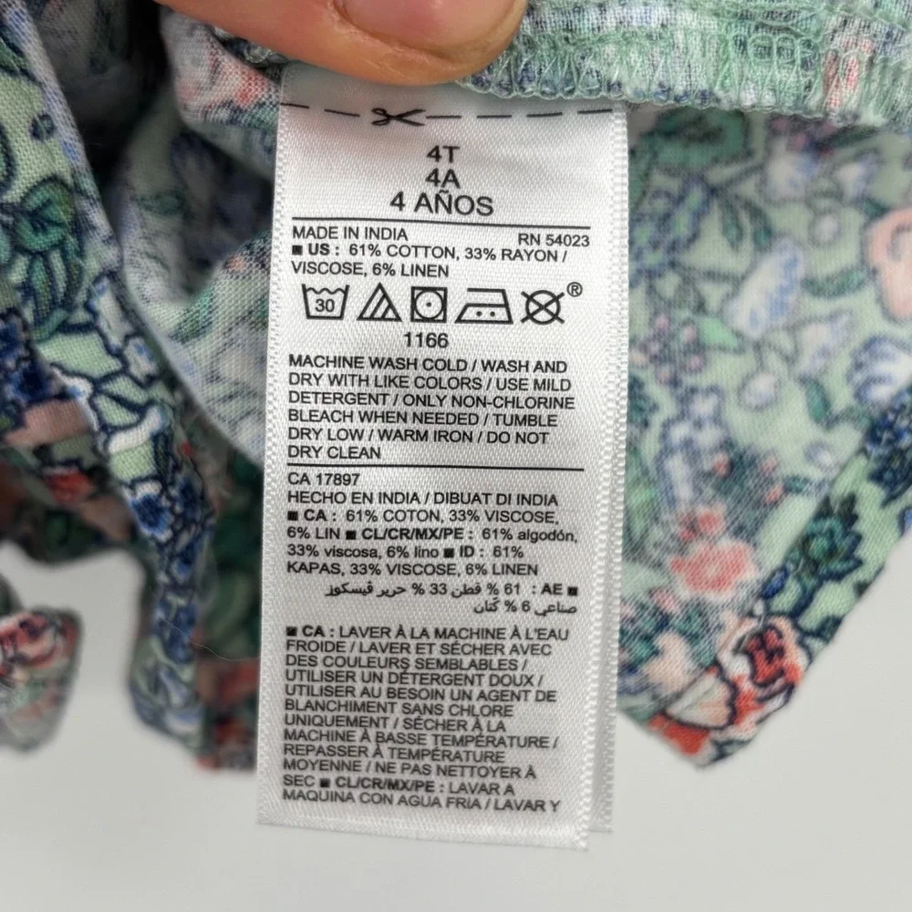 Old Navy Romper Girls 4T Green Floral Cotton Linen Sleeveless Summer Boho Linen